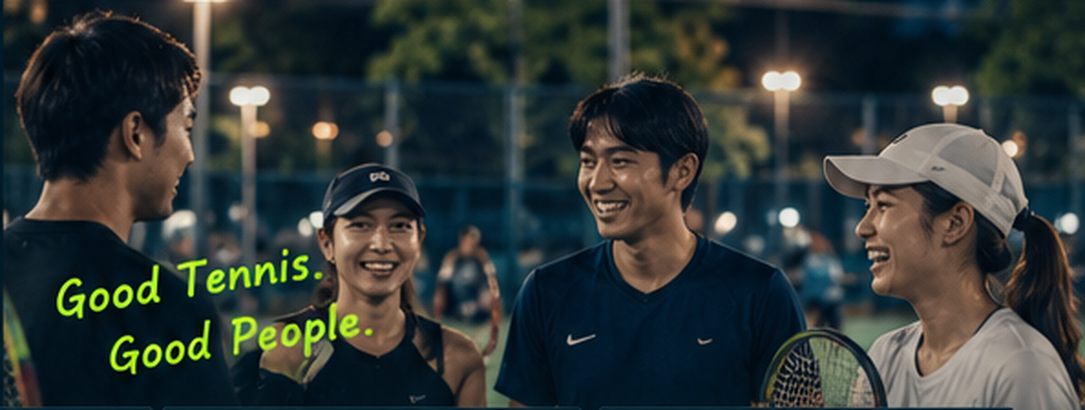 夜のテニスを楽しむ仲間たち